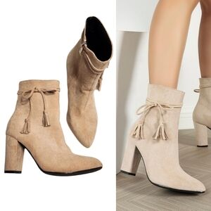Faux Suede Tassel Ankle Booties Beige Size 7 / 38